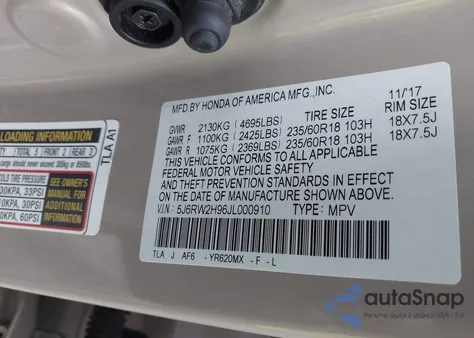 2018 Honda Cr-V Touring z USA, uszkodzony, nr VIN 5J6RW2H96JL000910